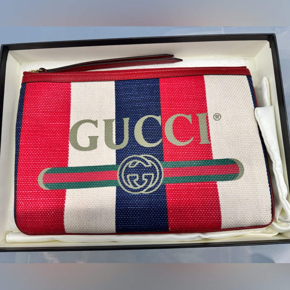 Gucci Web Stripe Canvas Zip Portfolio Clutch Pouch Red White Blue